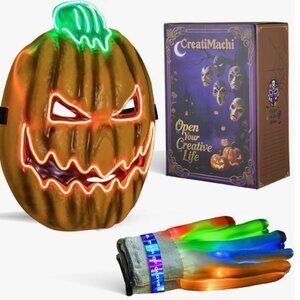 2 x LED Mask,Halloween Costumes LED Gloves Set,Glow in Dark Skeleton - Pumpkin